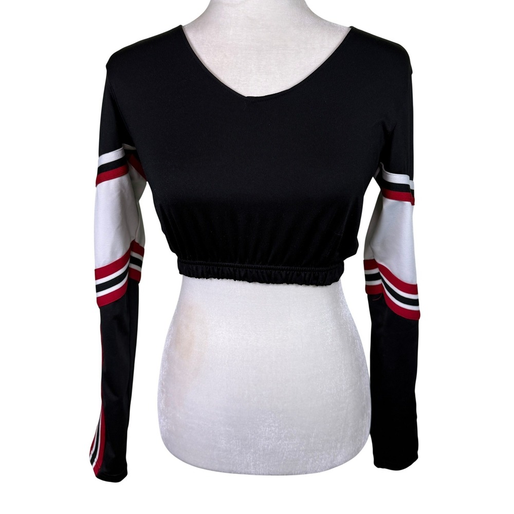 Soffe Womens Black Red White Striped Long Sleeve Cheer Crop Top Small